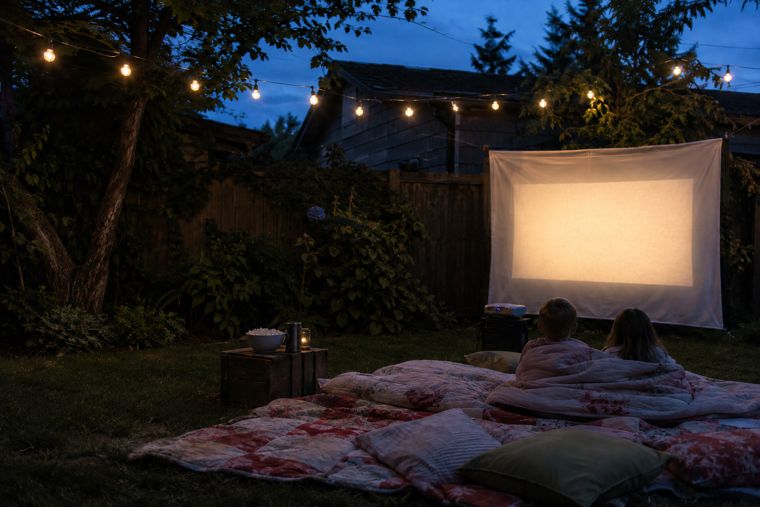 A cozy family backyard movie night with quilts, string lights and an outdoor screen