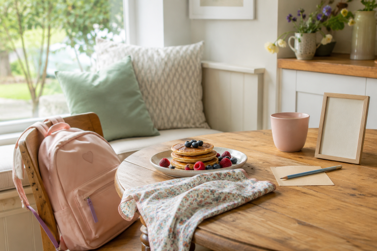 First-day-of-school breakfast with pancakes, berries and a pink backpack