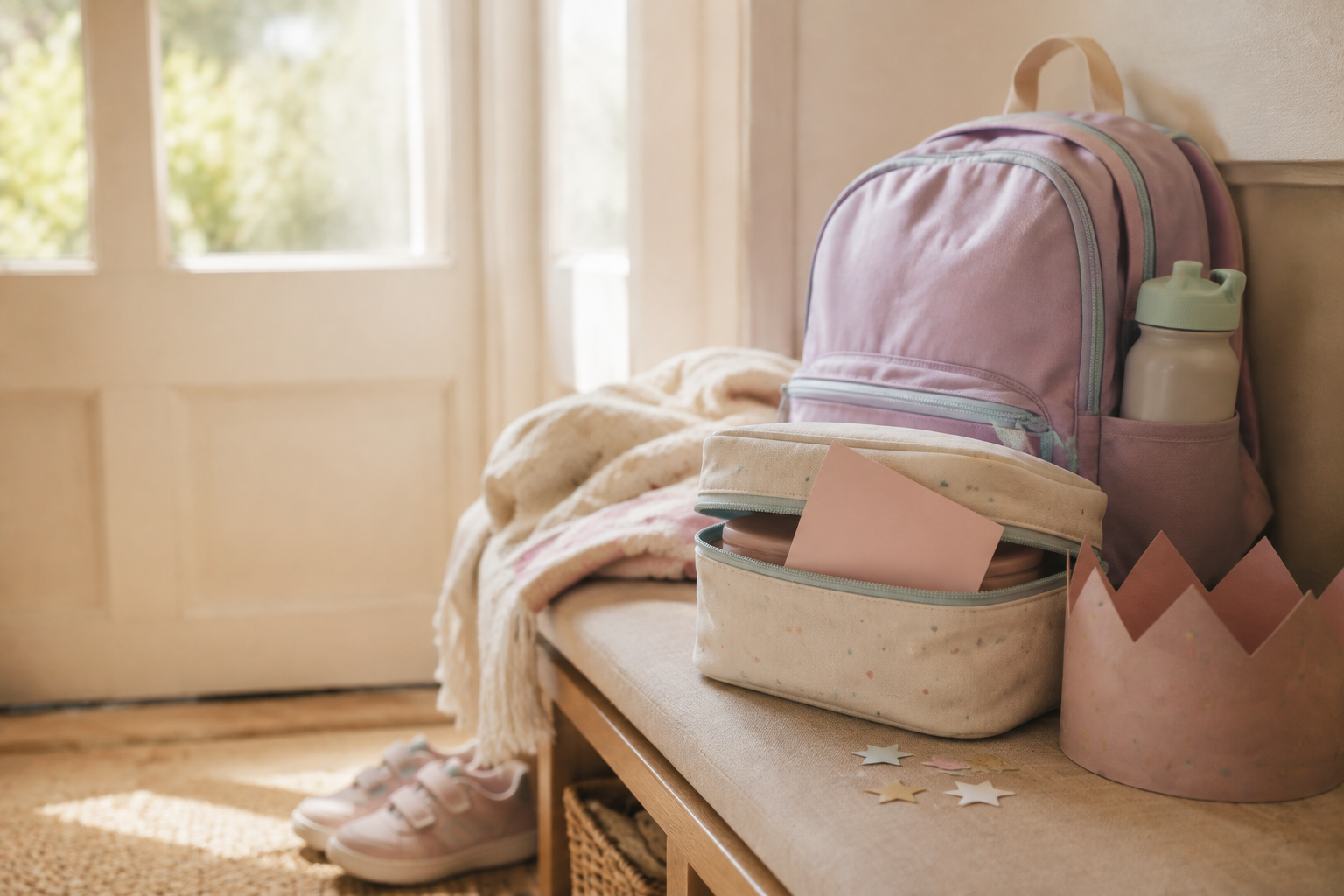 Birthday crown beside a pastel backpack and packed lunchbox