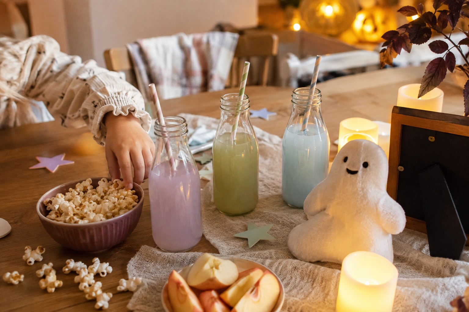 A child reaching for popcorn at a cozy not-scary Halloween potion table with pastel drinks and warm LED candles