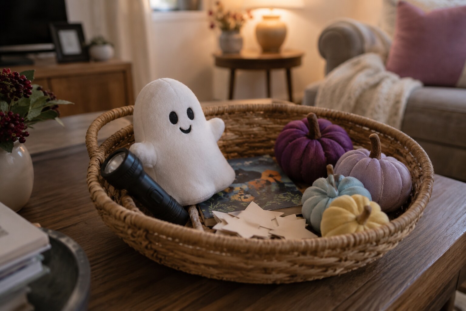 A woven Halloween story basket with a friendly ghost plush, flashlight, paper stars and soft pastel pumpkins