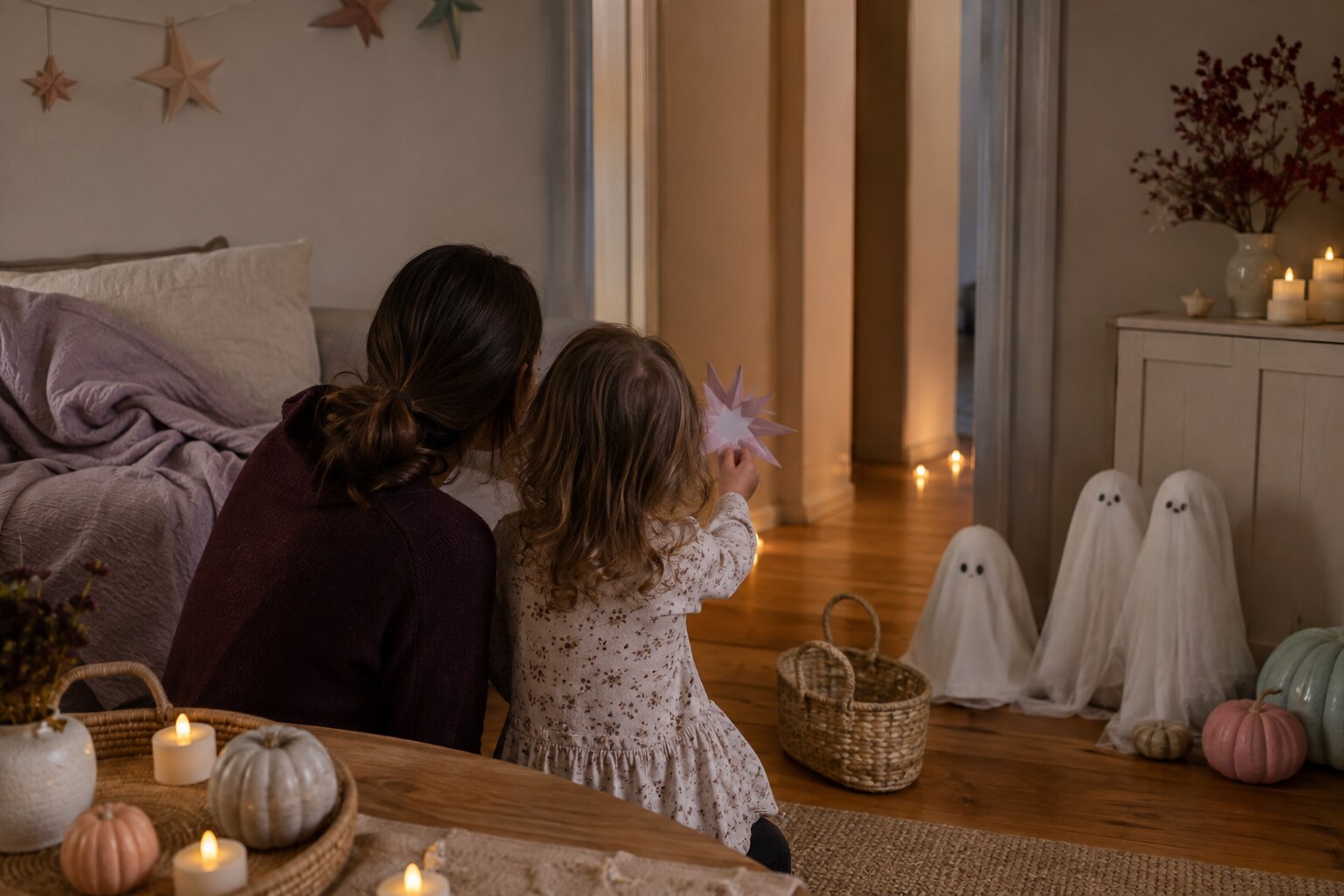 A mother and young child enjoying a warm, not-scary Halloween clue hunt at home