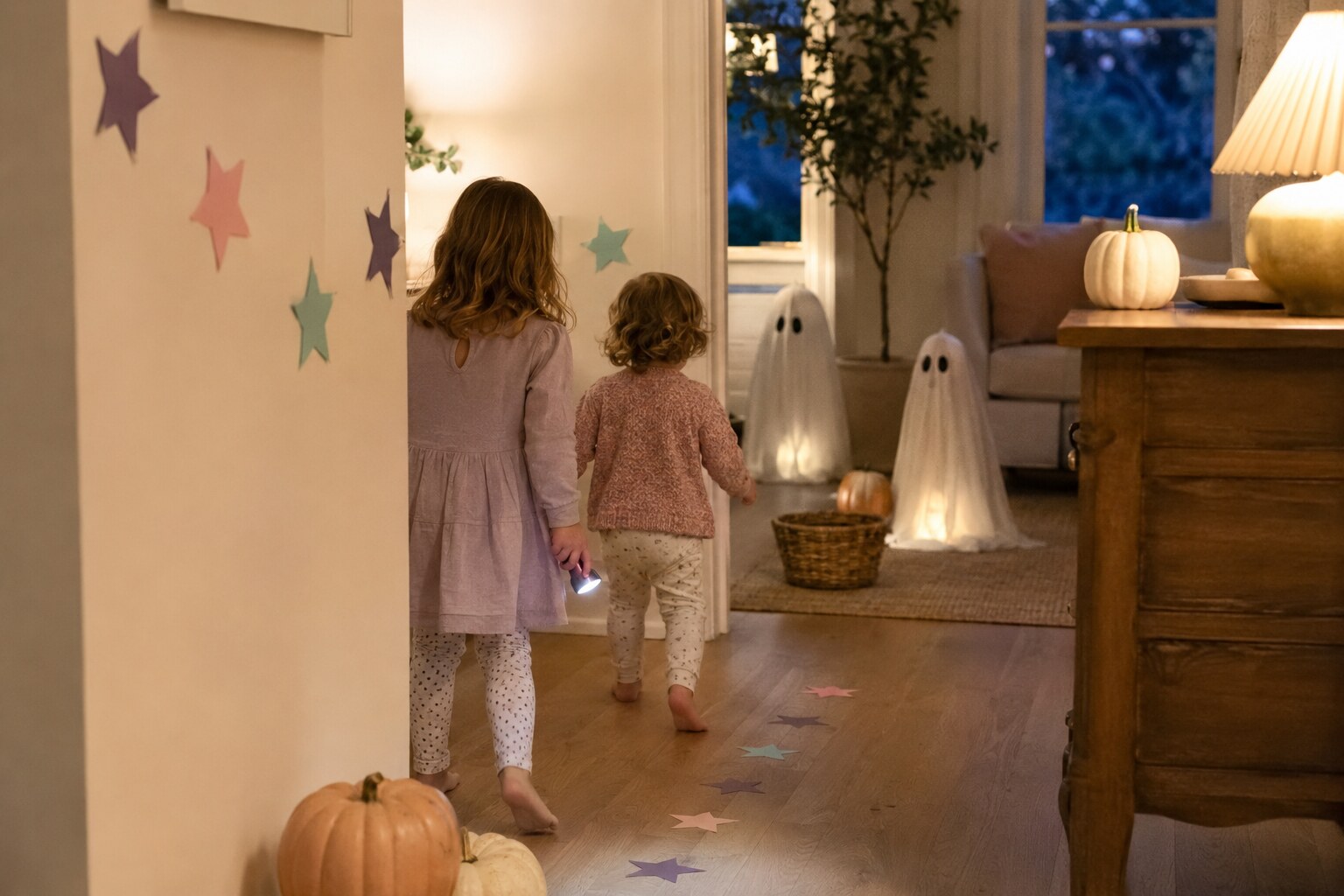 Two young children following pastel star clues through a cozy home at Halloween
