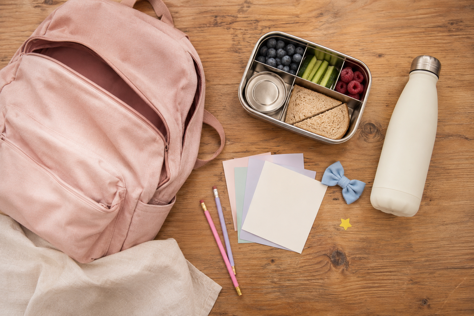 Pink backpack, bento lunchbox, water bottle and blank lunchbox note cards
