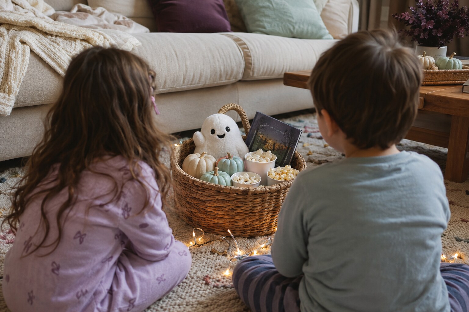 Two children discovering a final Halloween scavenger hunt basket with a ghost plush, books and popcorn