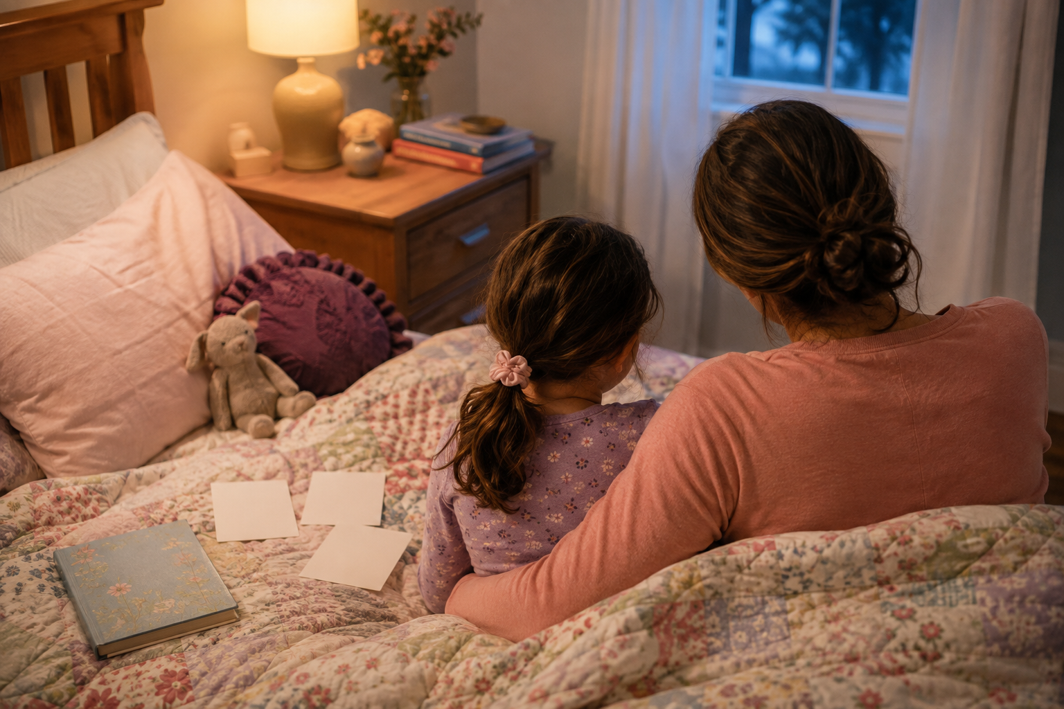 Mother and daughter sharing a quiet conversation the night before school