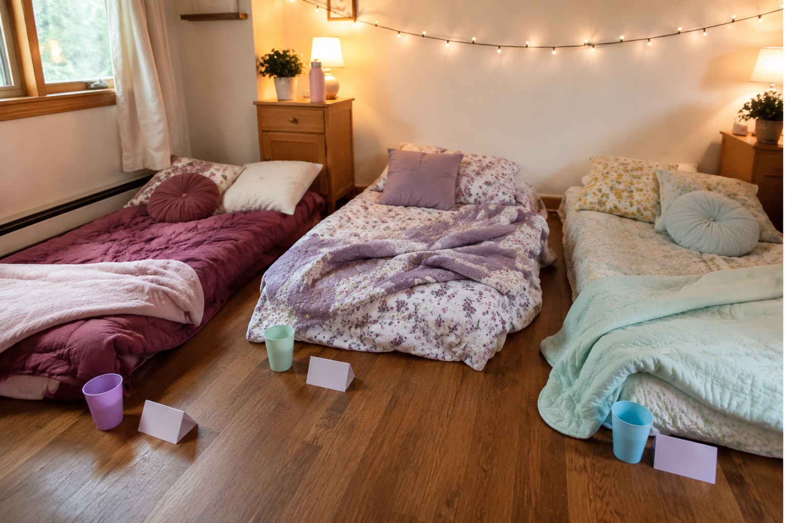 Three cozy floor sleeping nests with reusable cups, blank name cards and a clear walking path