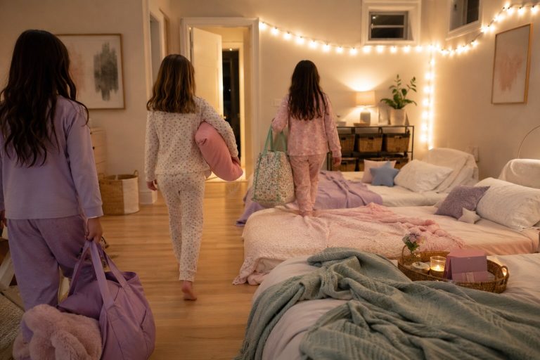 Three children arriving at a cozy, practical sleepover setup with clear walking paths