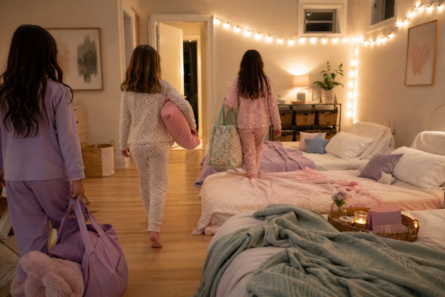 Three children arriving at a cozy, practical sleepover setup with clear walking paths