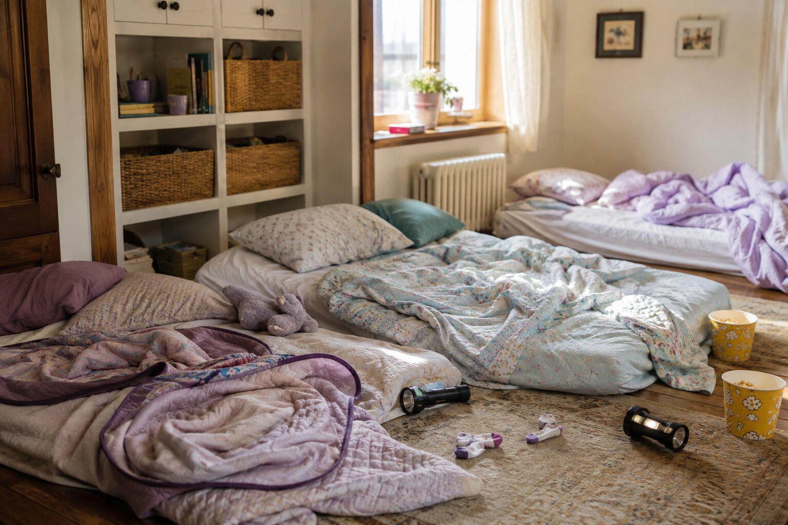 Rumpled sleepover floor beds, flashlights and popcorn cups in soft morning light