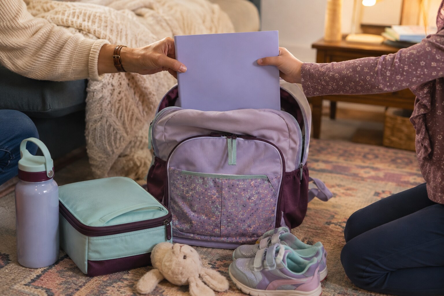 A parent and child packing a folder into a backpack beside a lunchbox, water bottle, shoes and familiar toy