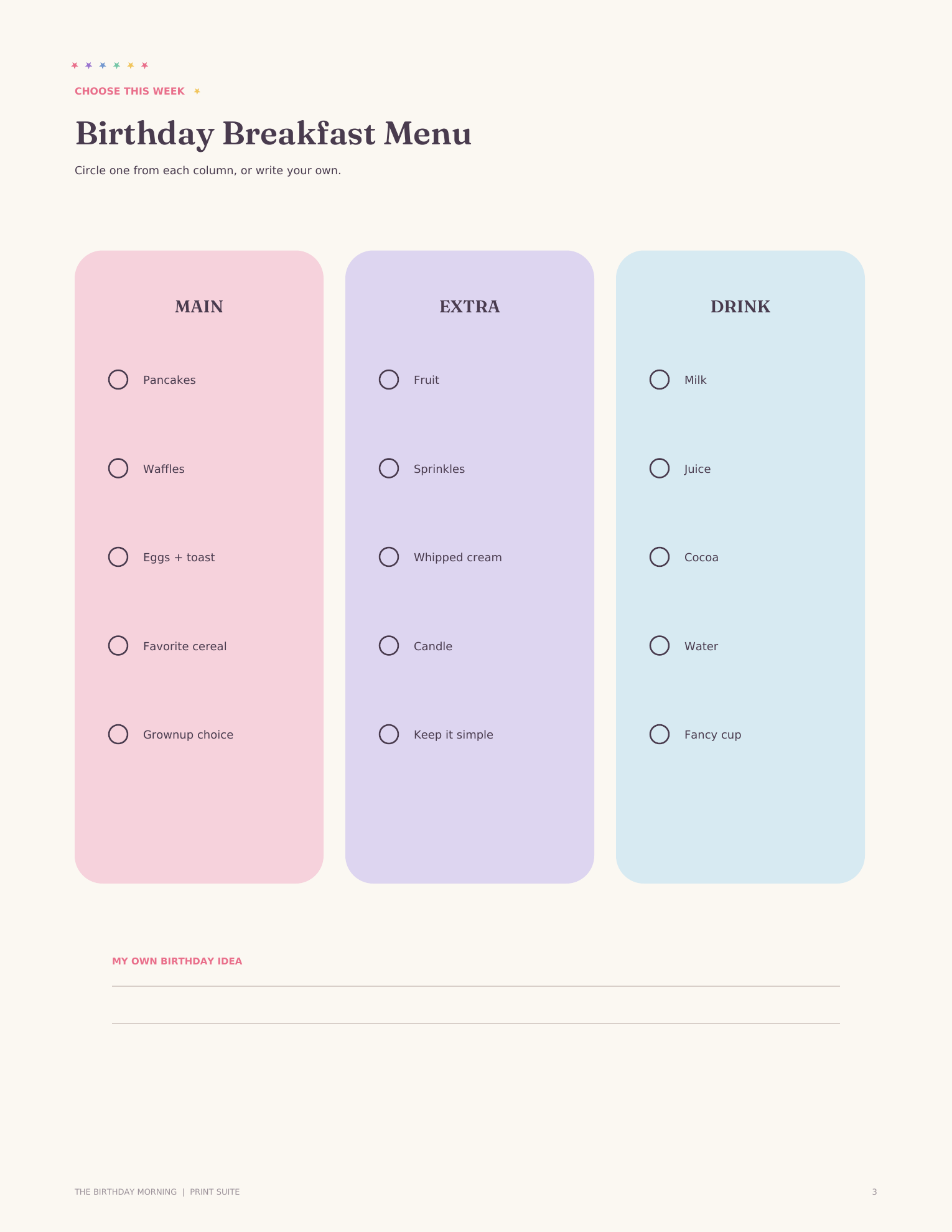 Pastel birthday breakfast menu printable for children