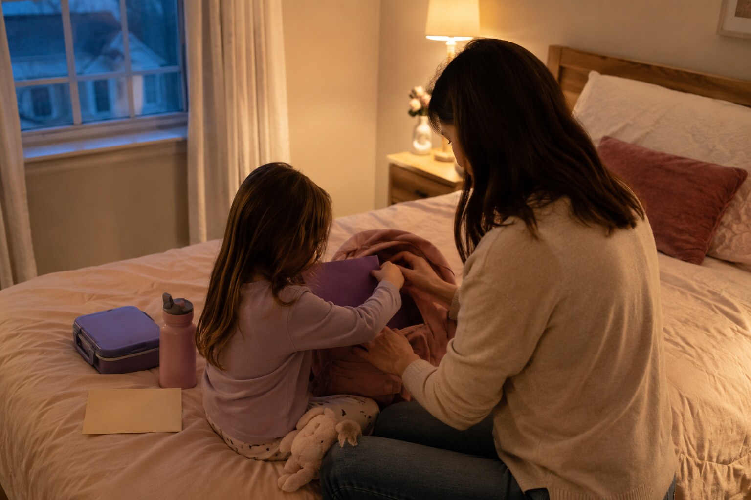 A mother and young child calmly packing a backpack together the night before school