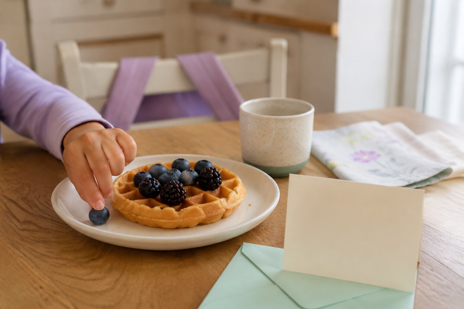 A child's hand reaching for berries beside a waffle, cup and blank first-day breakfast note