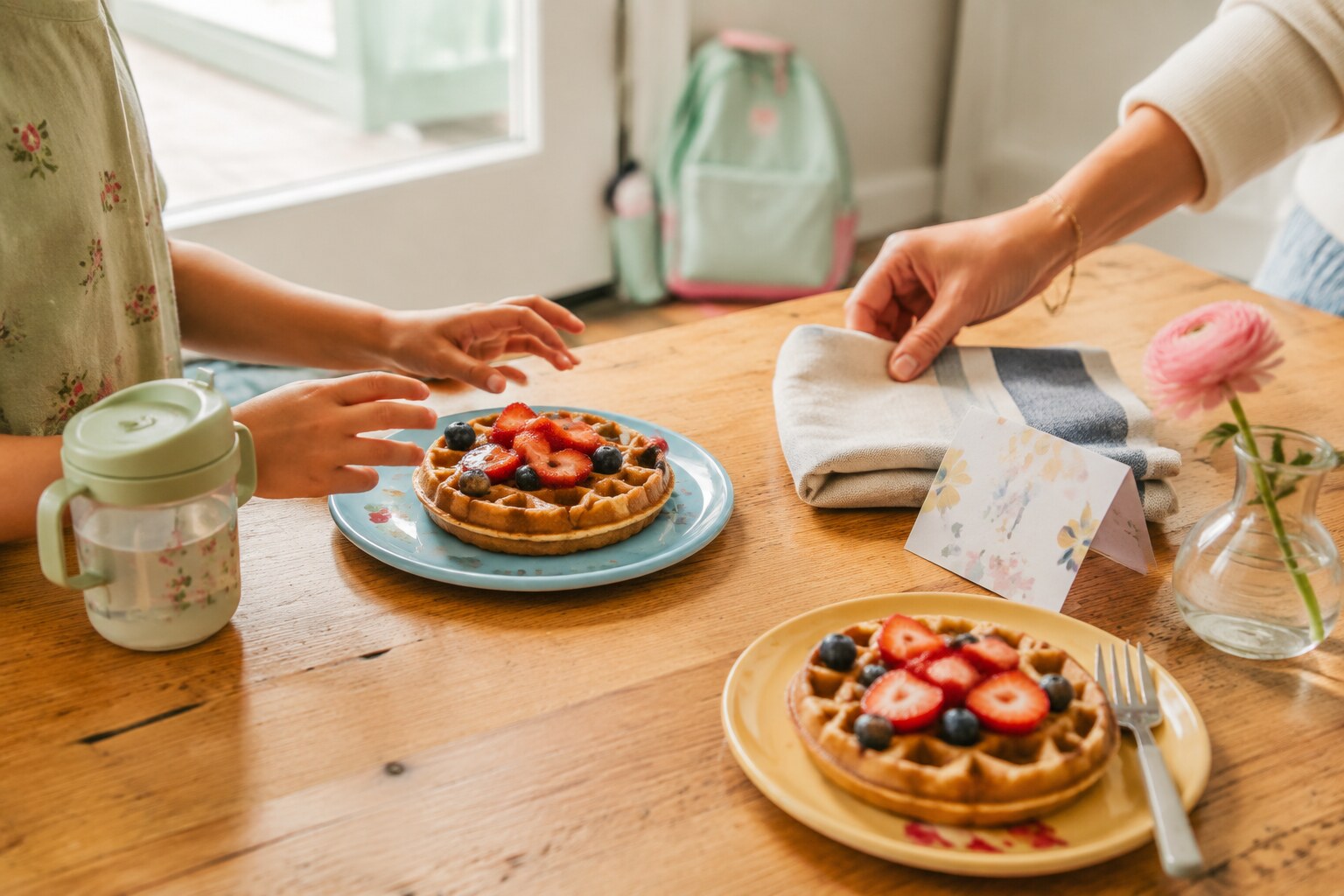 A child reaching for waffles and berries at a simple first-day-of-school breakfast