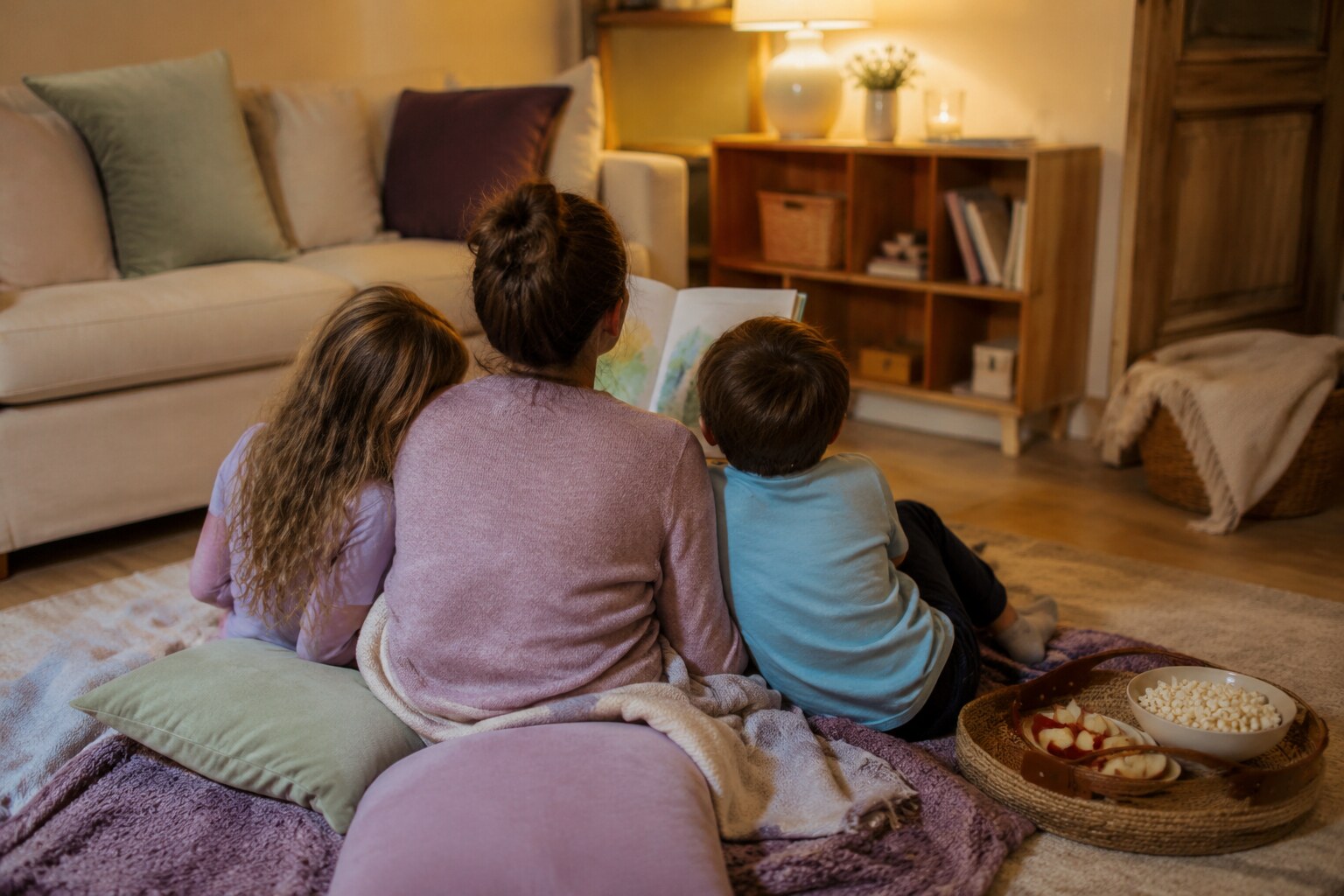 A parent and two children sharing a book and simple snacks during a cozy blanket night on the floor