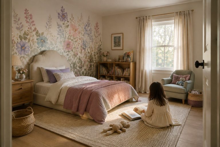 A realistic storybook garden bedroom with a floral mural, warm wood and a child reading