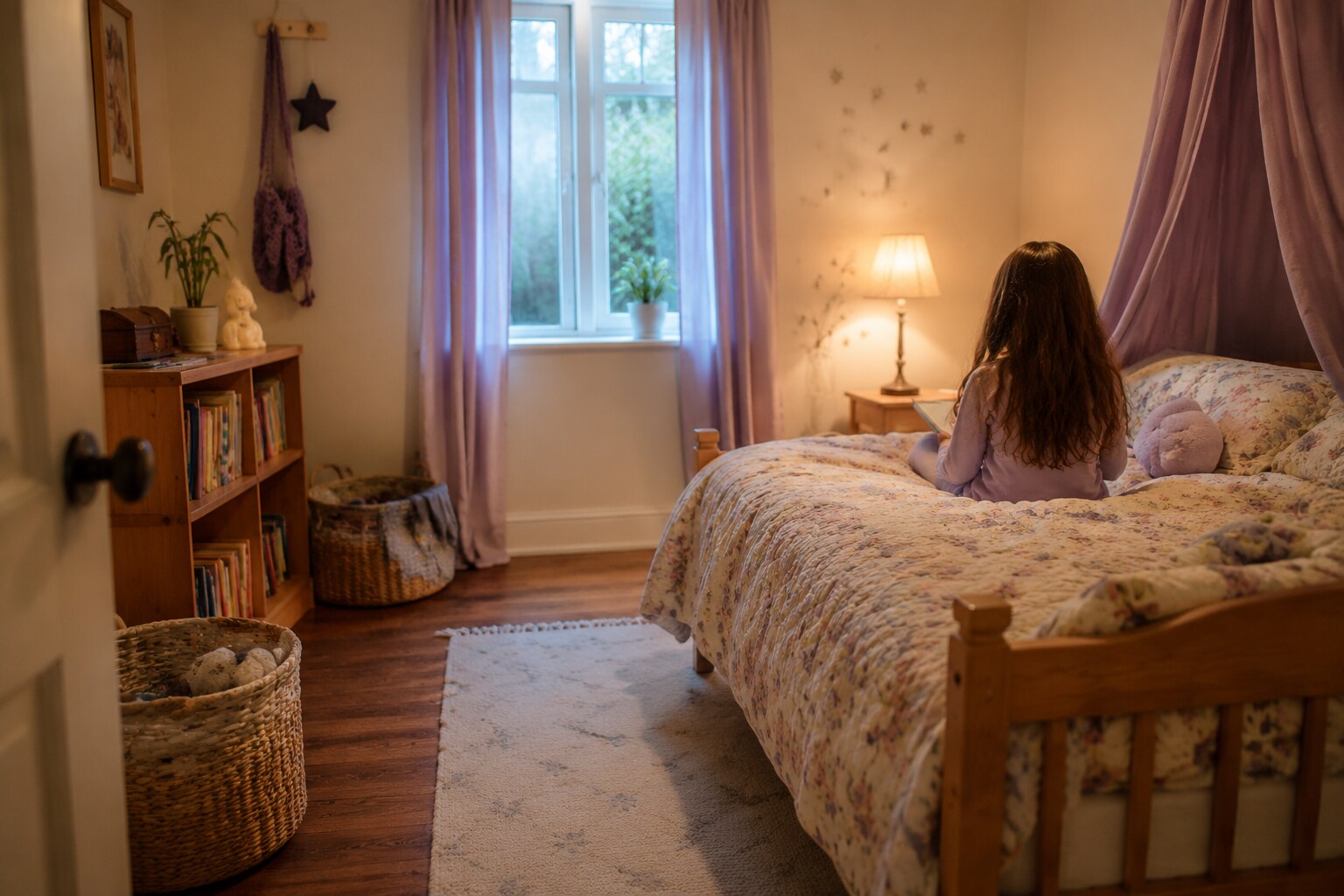 A small storybook bedroom with a clear path, low storage, natural wood and a child reading on the bed