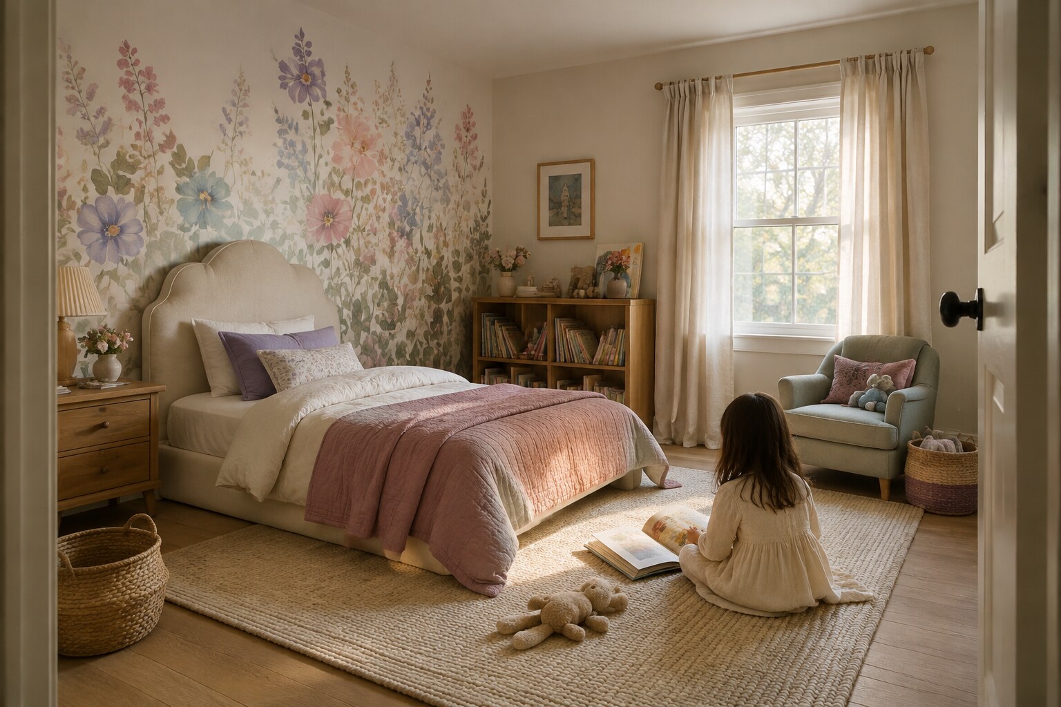 A realistic storybook garden bedroom with a floral mural, warm wood and a child reading