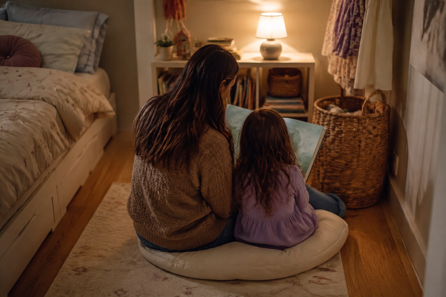 A parent and child reading together on a floor cushion in a warm nook beside the bed
