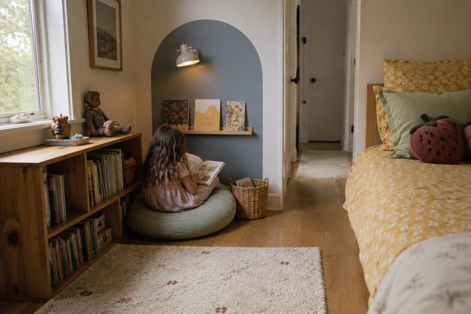 A child reading in a compact bedroom nook with low wood book storage and a clear walkway