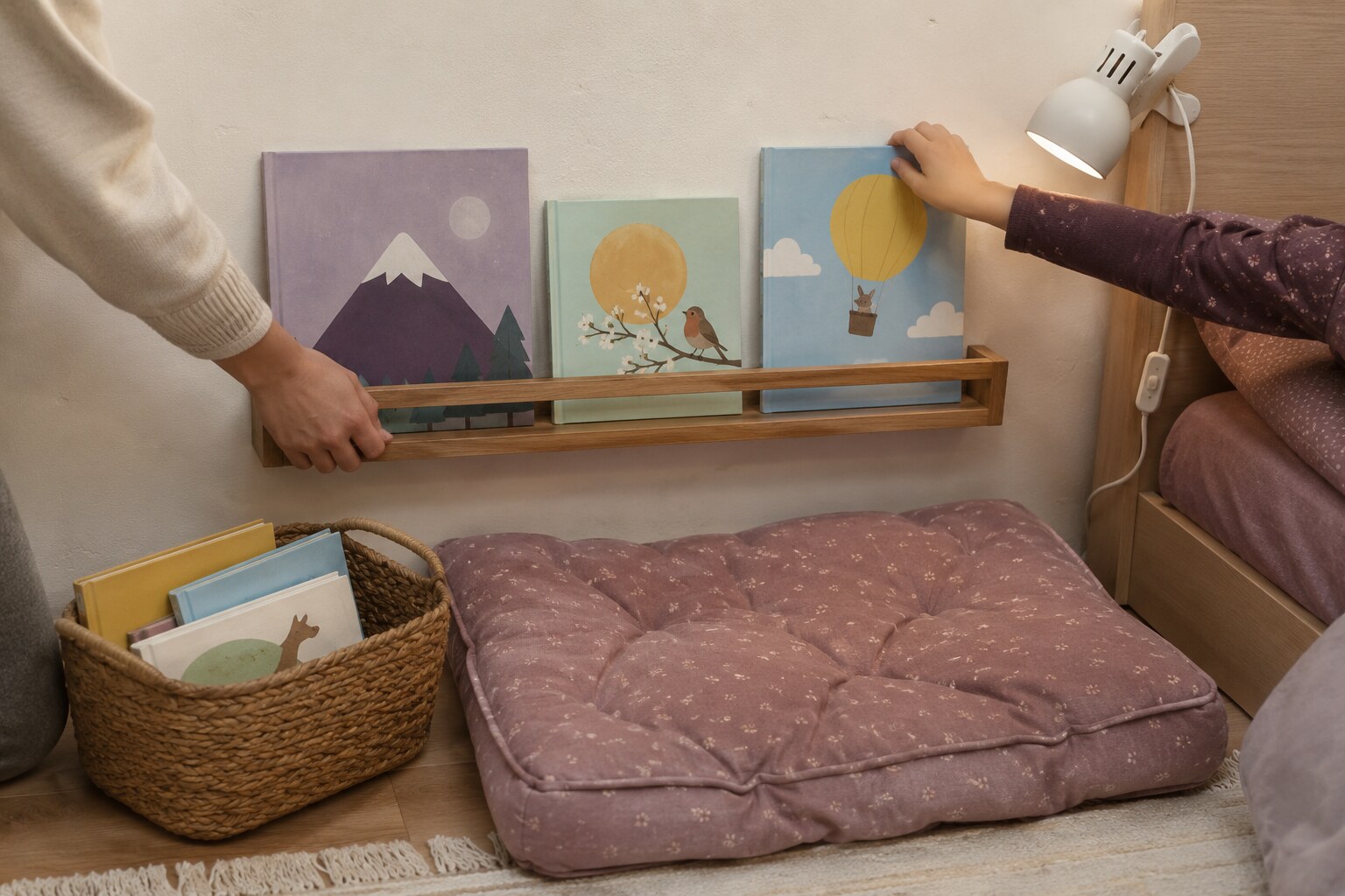 A parent and child arranging picture books on a low ledge above a compact floor-cushion reading nook
