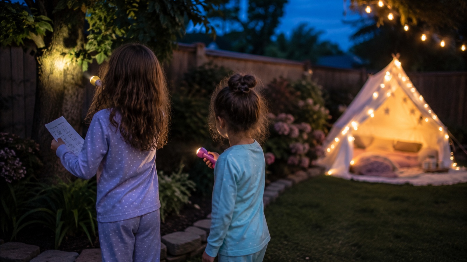 Two children in pajamas using flashlights during a backyard campout scavenger hunt at dusk