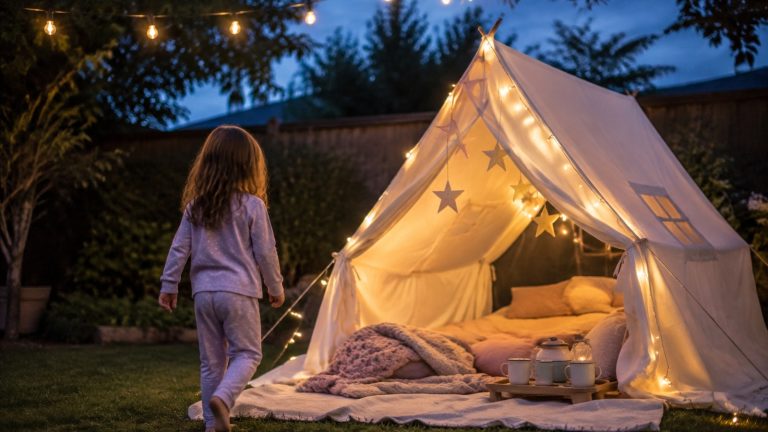 Child in pajamas walking toward a softly lit backyard campout tent at dusk