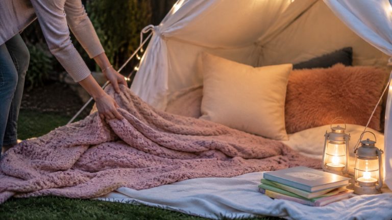 Adult hands arranging blankets, pillows, books and battery lanterns inside a backyard tent