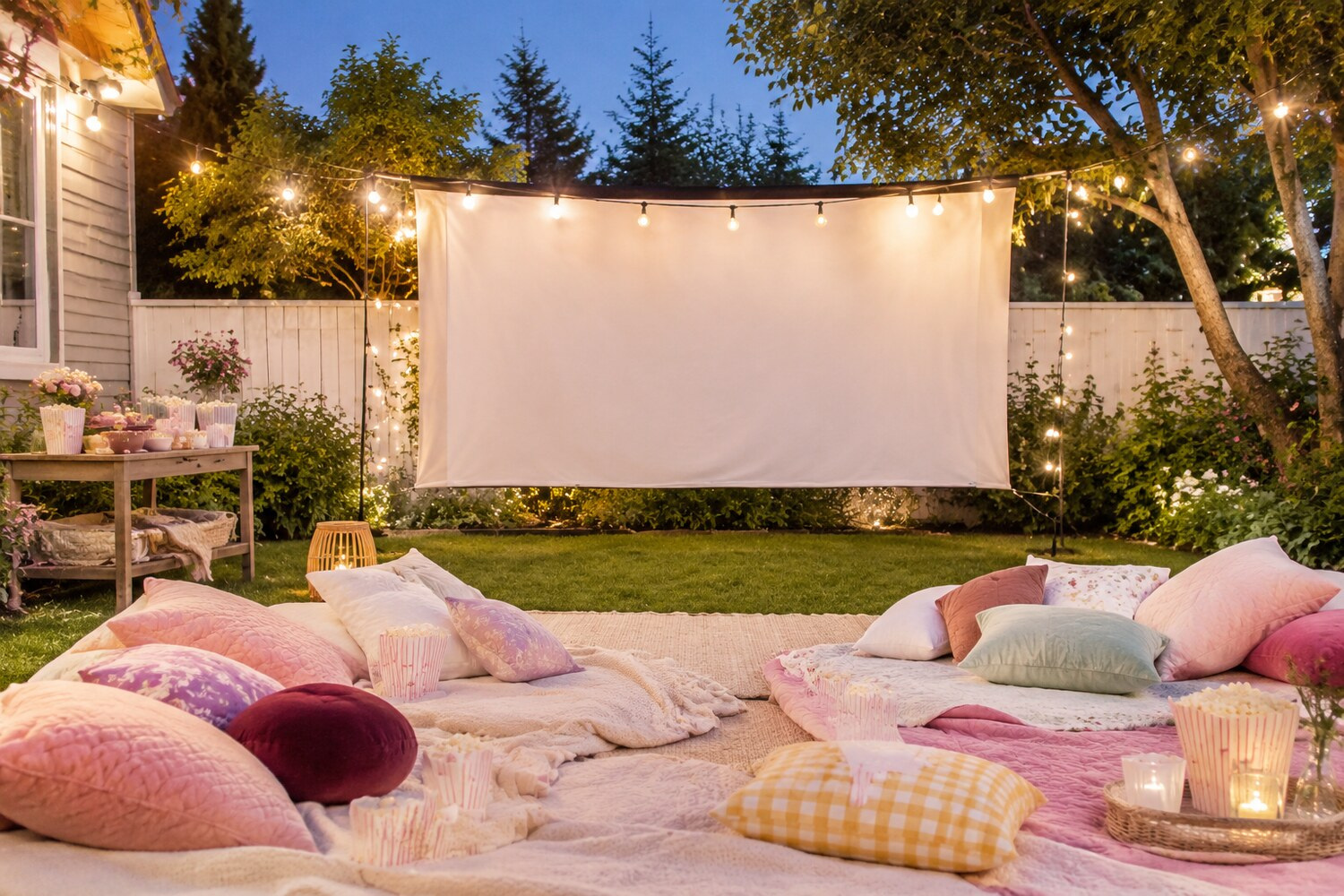Bright cozy backyard movie night styled by Moments of Whimsy