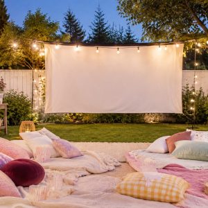 Bright, cozy backyard movie night styled by Moments of Whimsy