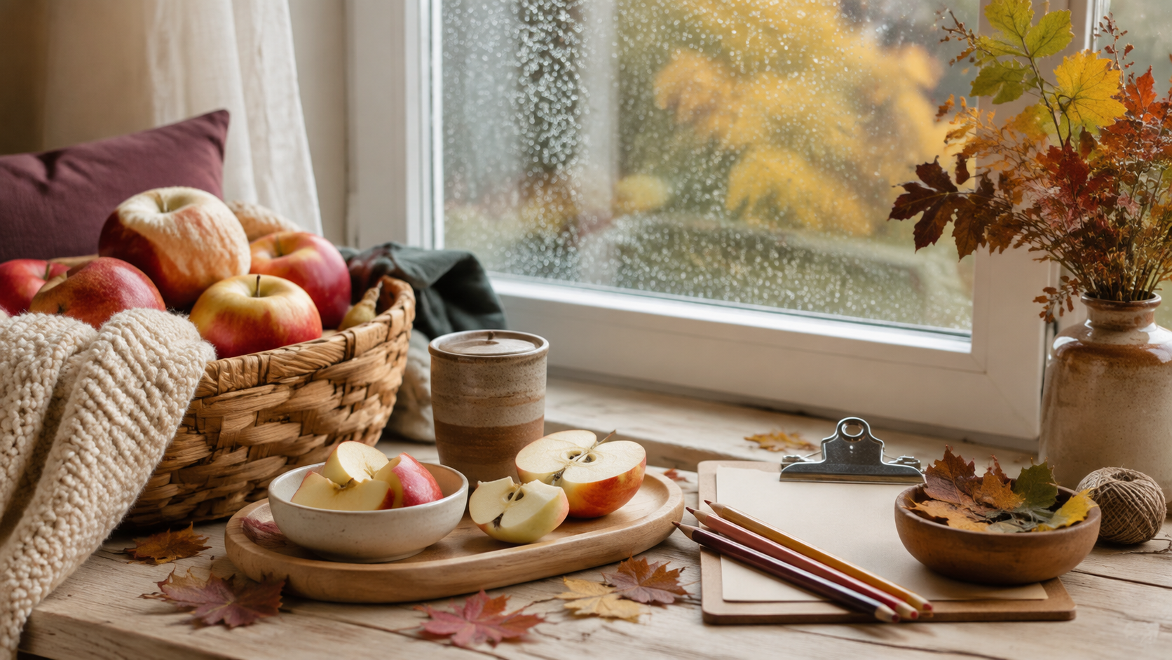 A cozy First Day of Fall setup with apples, a blanket and leaf activities by a rainy window