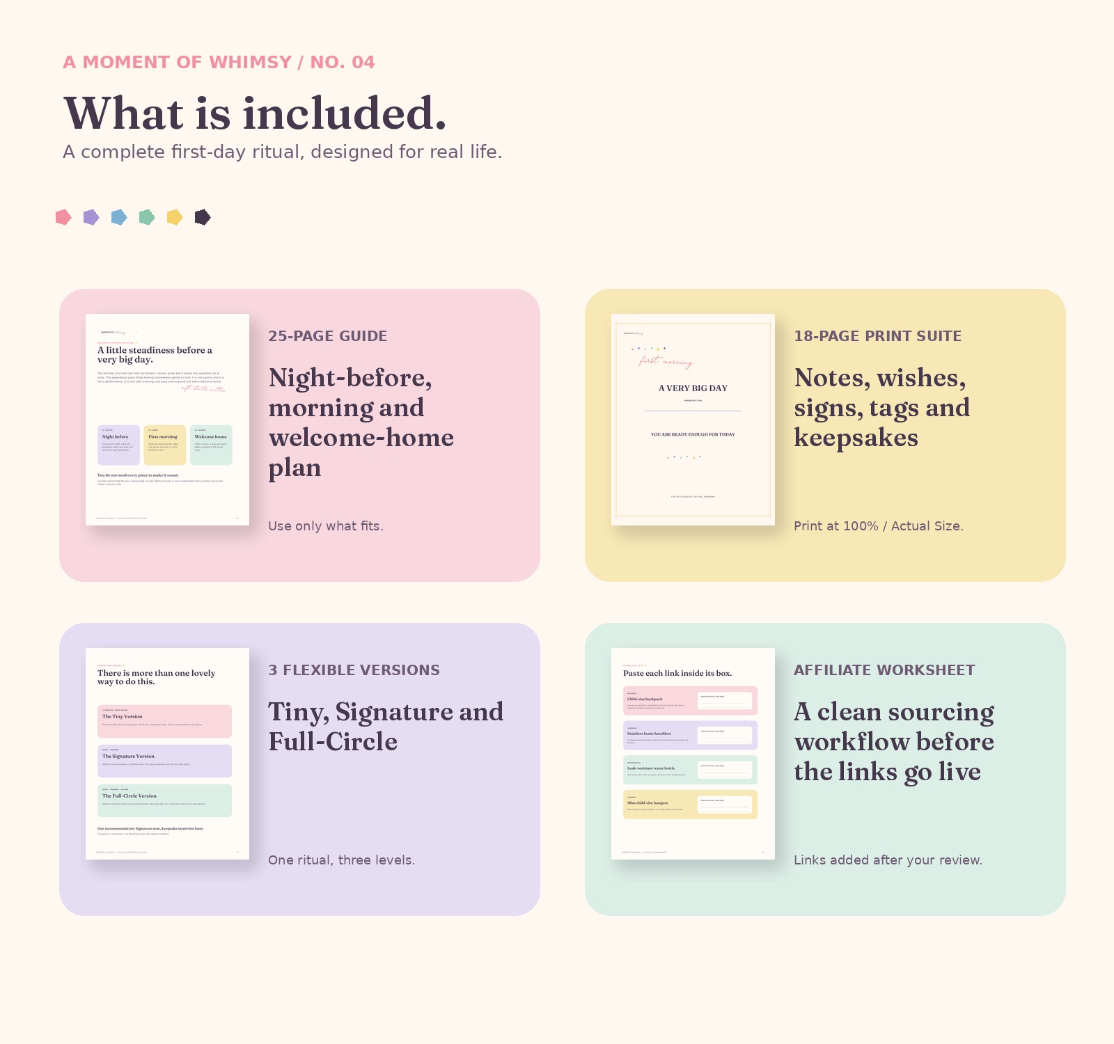 Overview of the complete Night Before the First Day experience guide and print suite