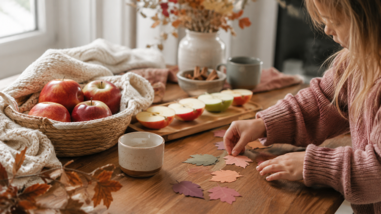 A child arranges leaf-shaped cards beside apples and a cozy fall blanket