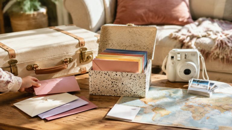 A child reaches for a colorful envelope beside a vintage suitcase, map, camera, and reveal box.