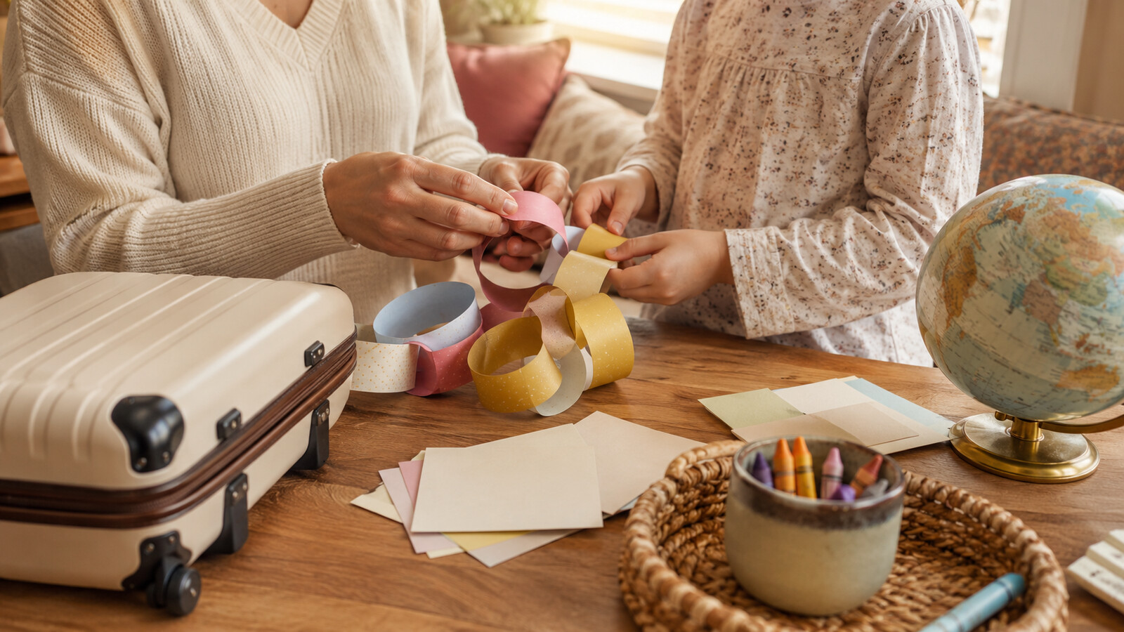 A parent and child make a paper countdown chain beside a small suitcase and globe.
