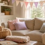 Pastel welcome-home setup with bunting, a big-sibling basket and teddy bear