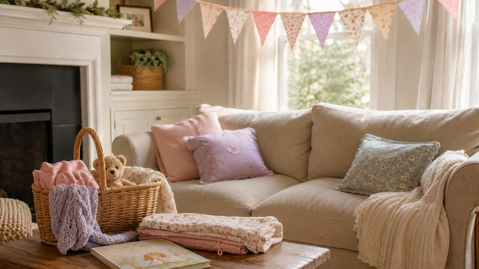 Pastel welcome-home setup with bunting, a big-sibling basket and teddy bear