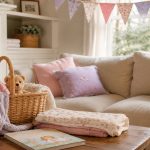 Big-sibling welcome basket with a teddy bear, folded pastel blankets and a childrens book