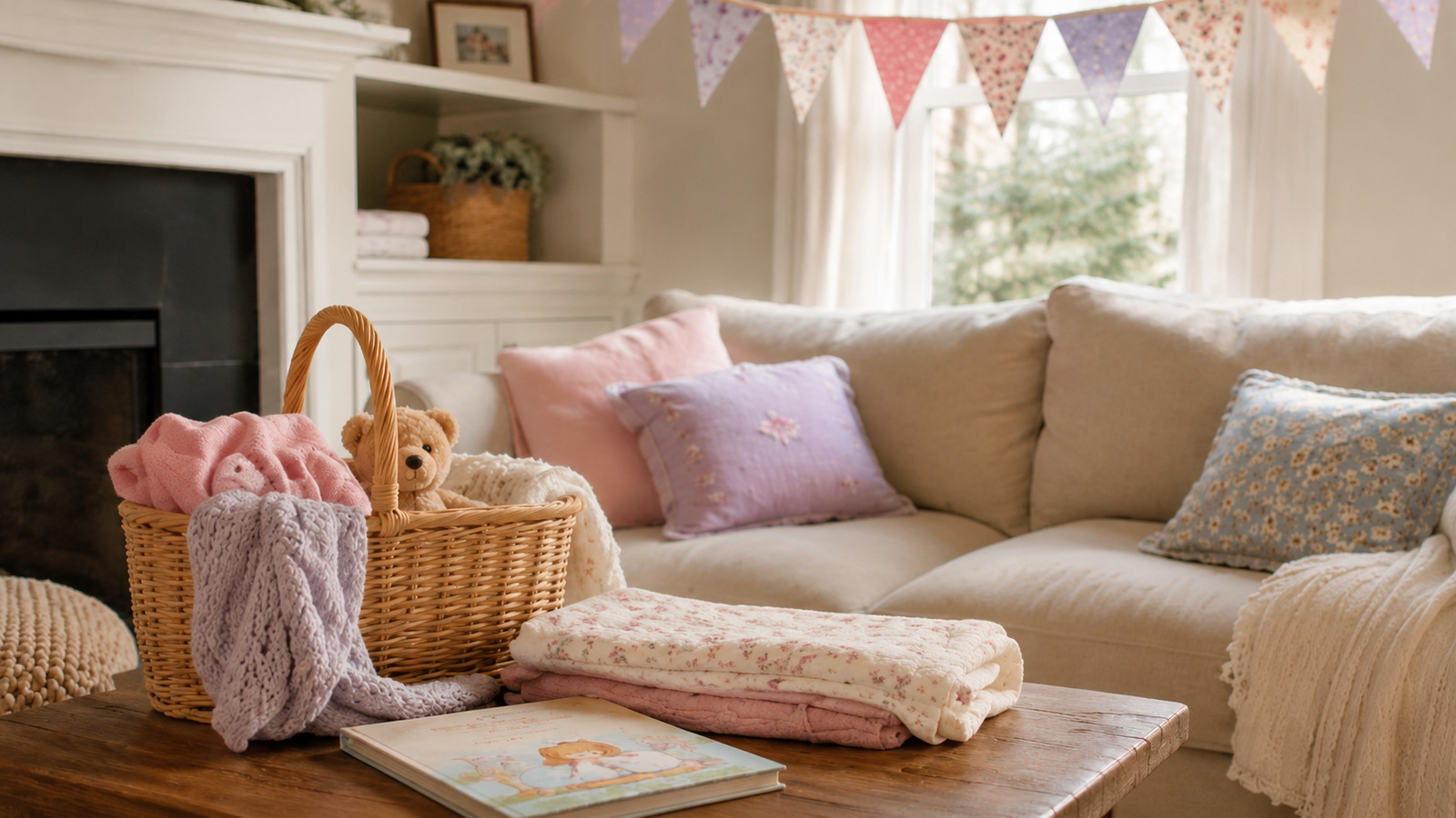 Big-sibling welcome basket with a teddy bear, folded pastel blankets and a childrens book