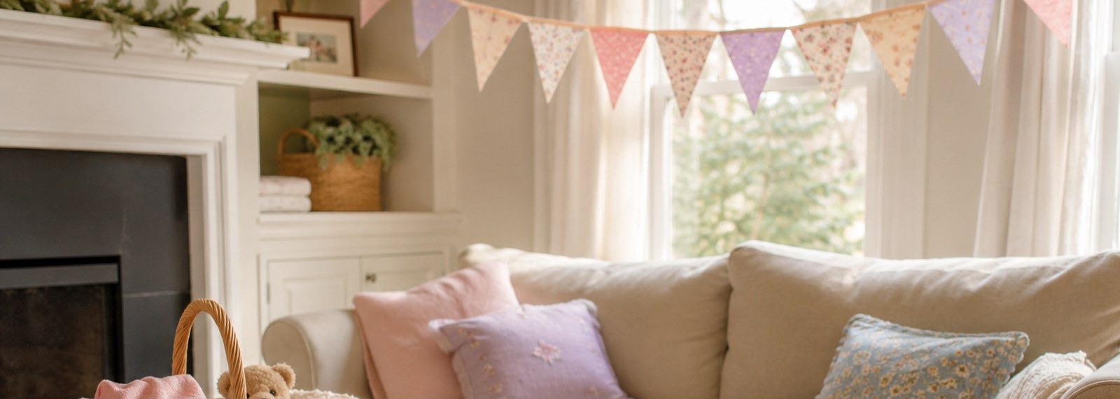 A warm pastel welcome-home setup with bunting, a basket and a teddy bear