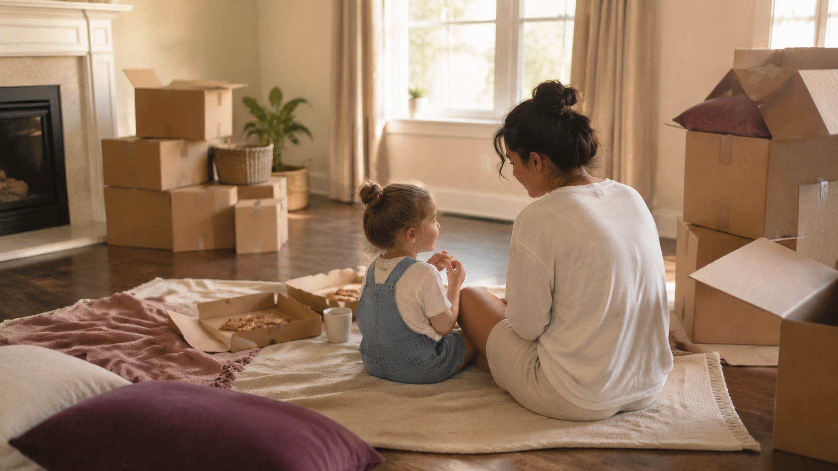 Parent and child sharing a floor picnic on their first night in a new house