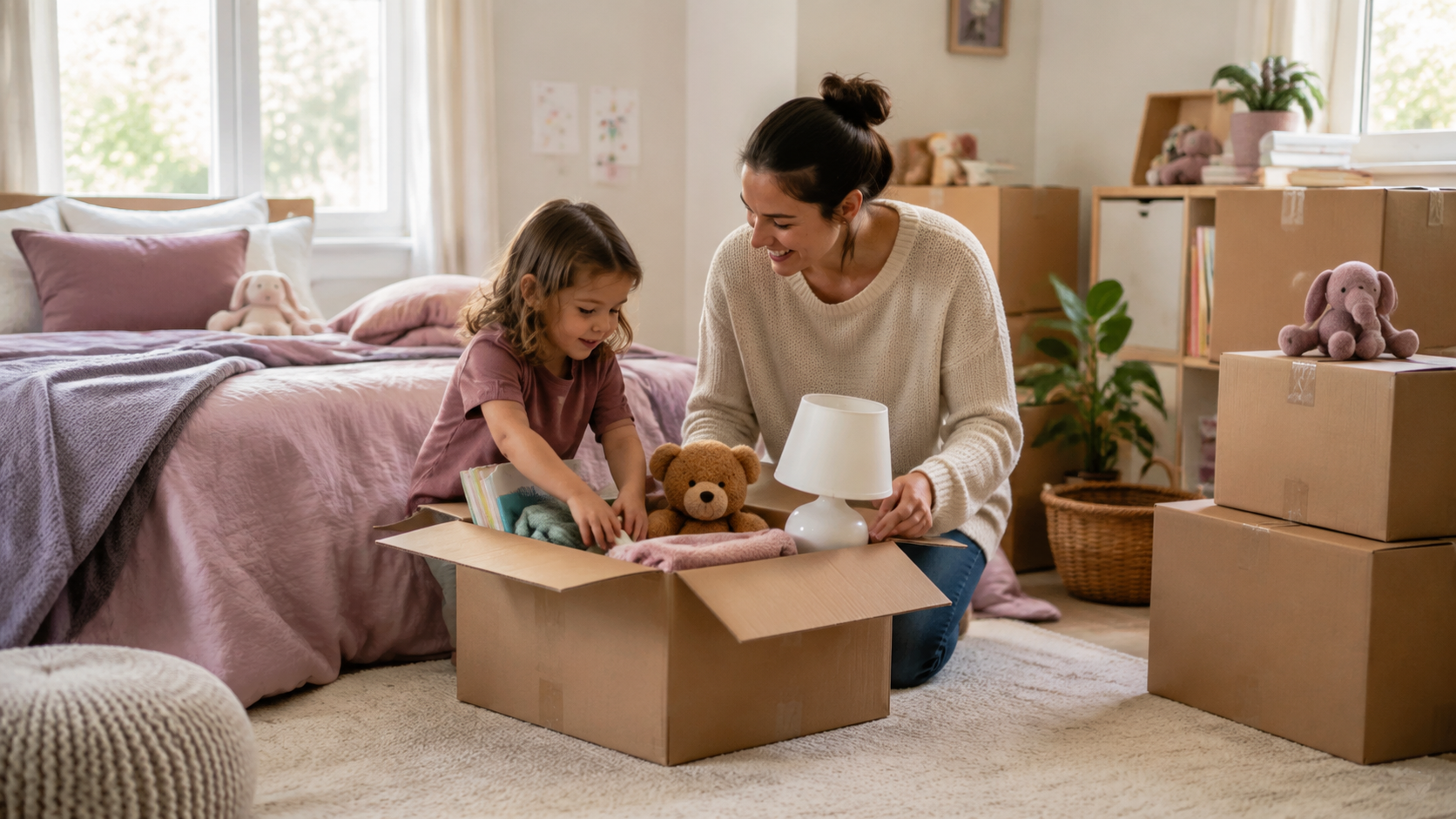 Parent and child packing familiar comforts before a move