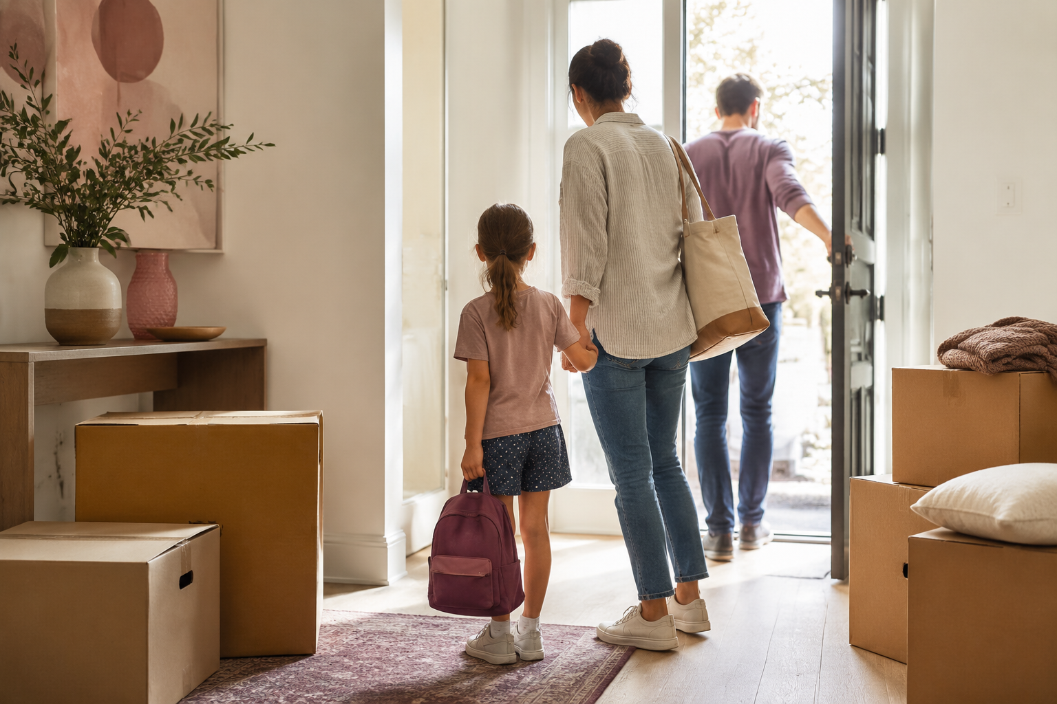 A family arriving at a new home with a child carrying a first-night backpack